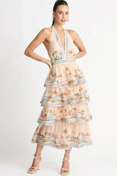 Swingy Neckholder V-Ausschnitt Strandurlaub Bedrucktes Rüschen Stufen Midi Sommerkleid - Creme